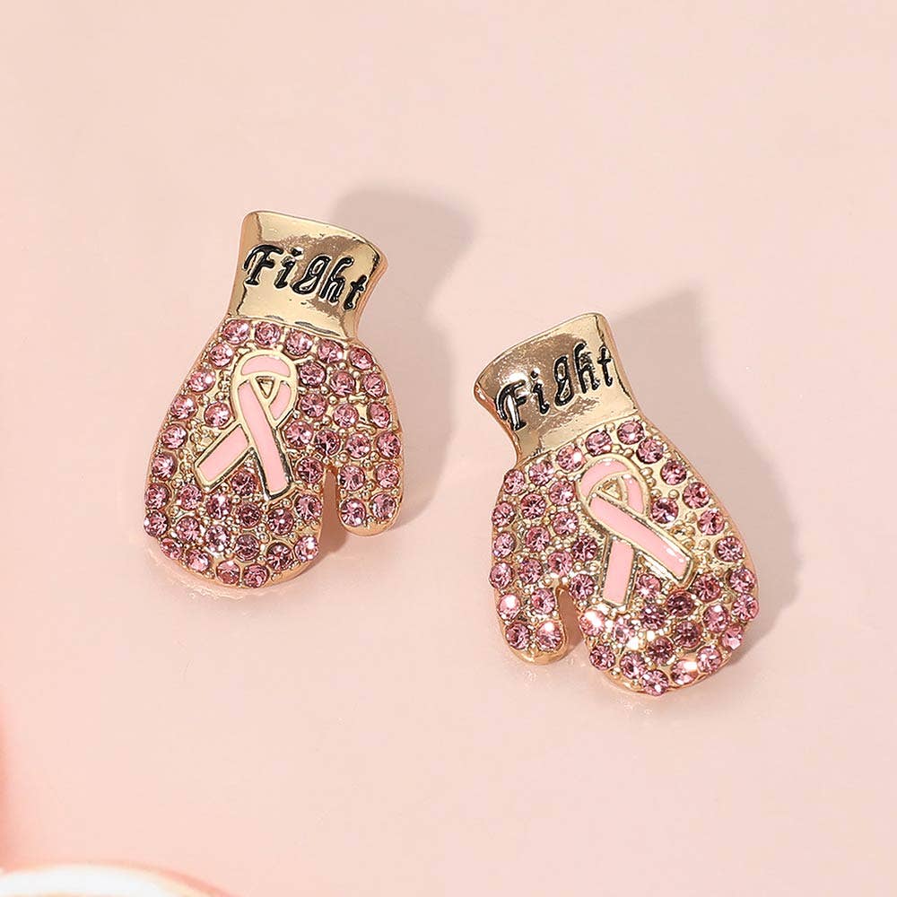 Fight Message Stone Paved Pink Ribbon Boxing Glove Earrings