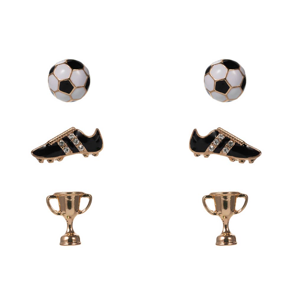 3Pairs - Soccer Ball Shoe Trophy STud Earring Set