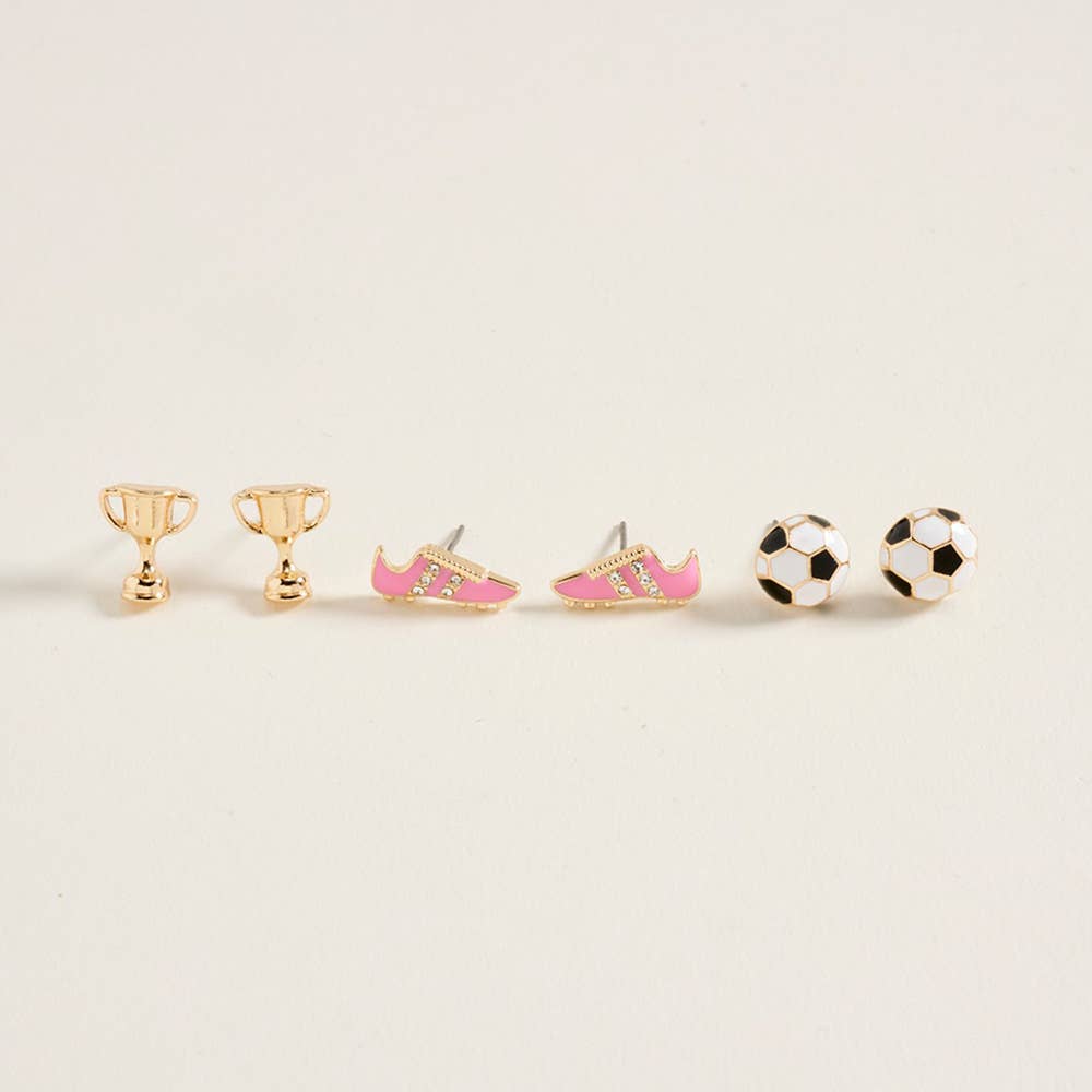 3Pairs - Soccer Ball Shoe Trophy STud Earring Set