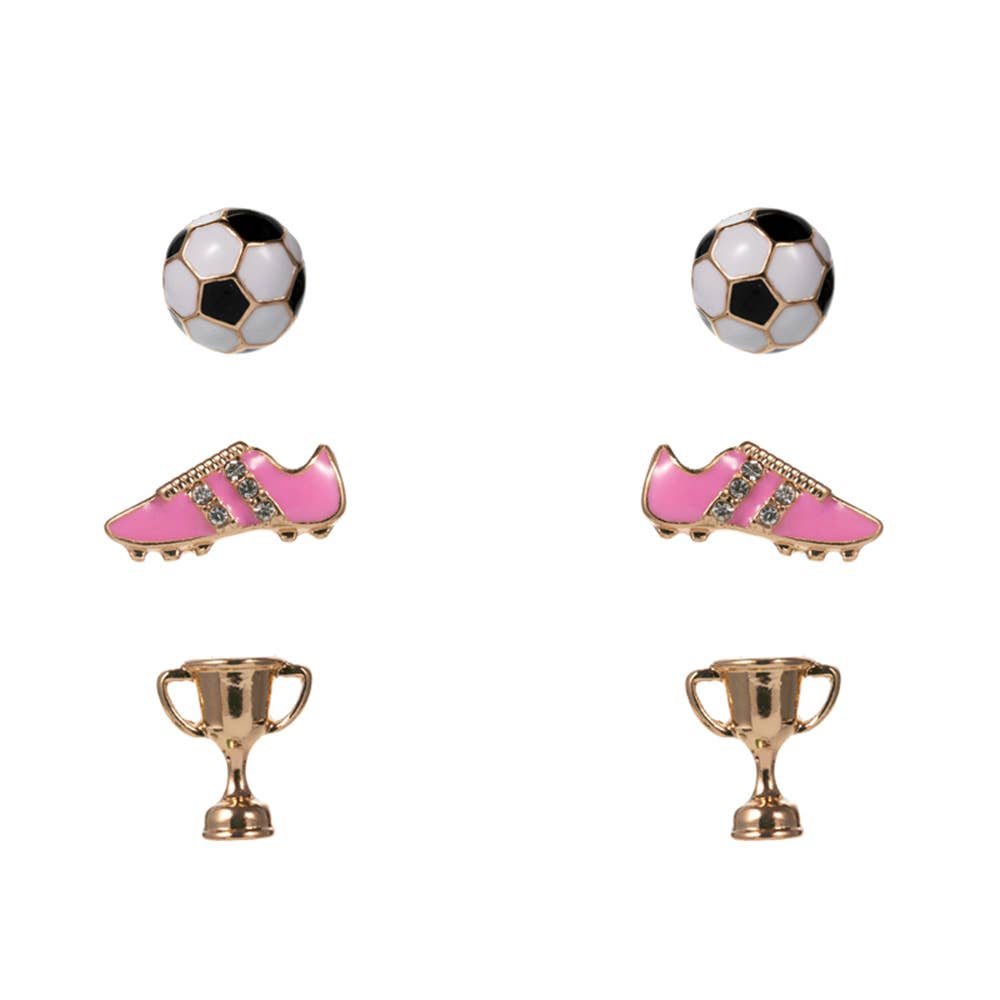 3Pairs - Soccer Ball Shoe Trophy STud Earring Set