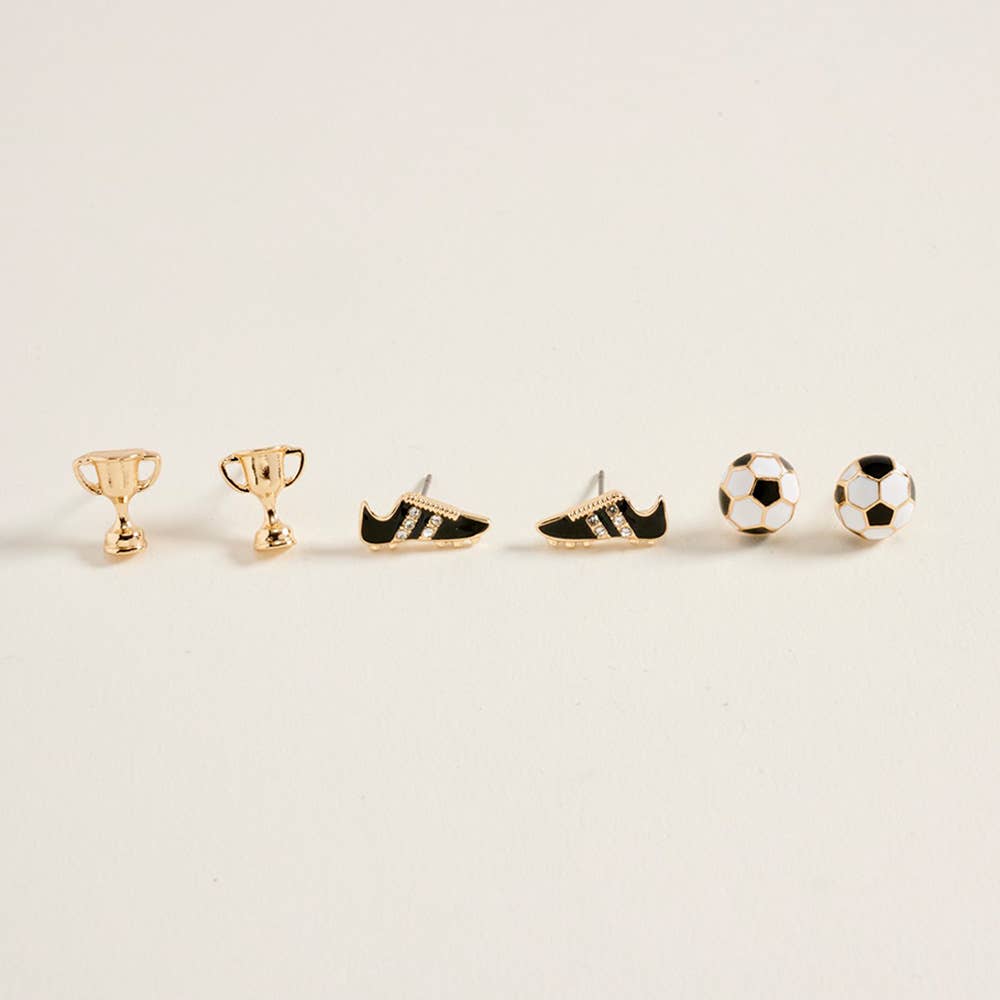 3Pairs - Soccer Ball Shoe Trophy STud Earring Set