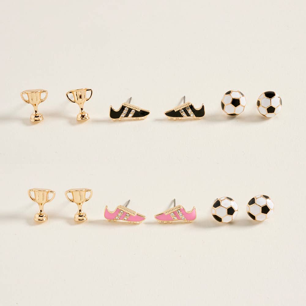 3Pairs - Soccer Ball Shoe Trophy STud Earring Set