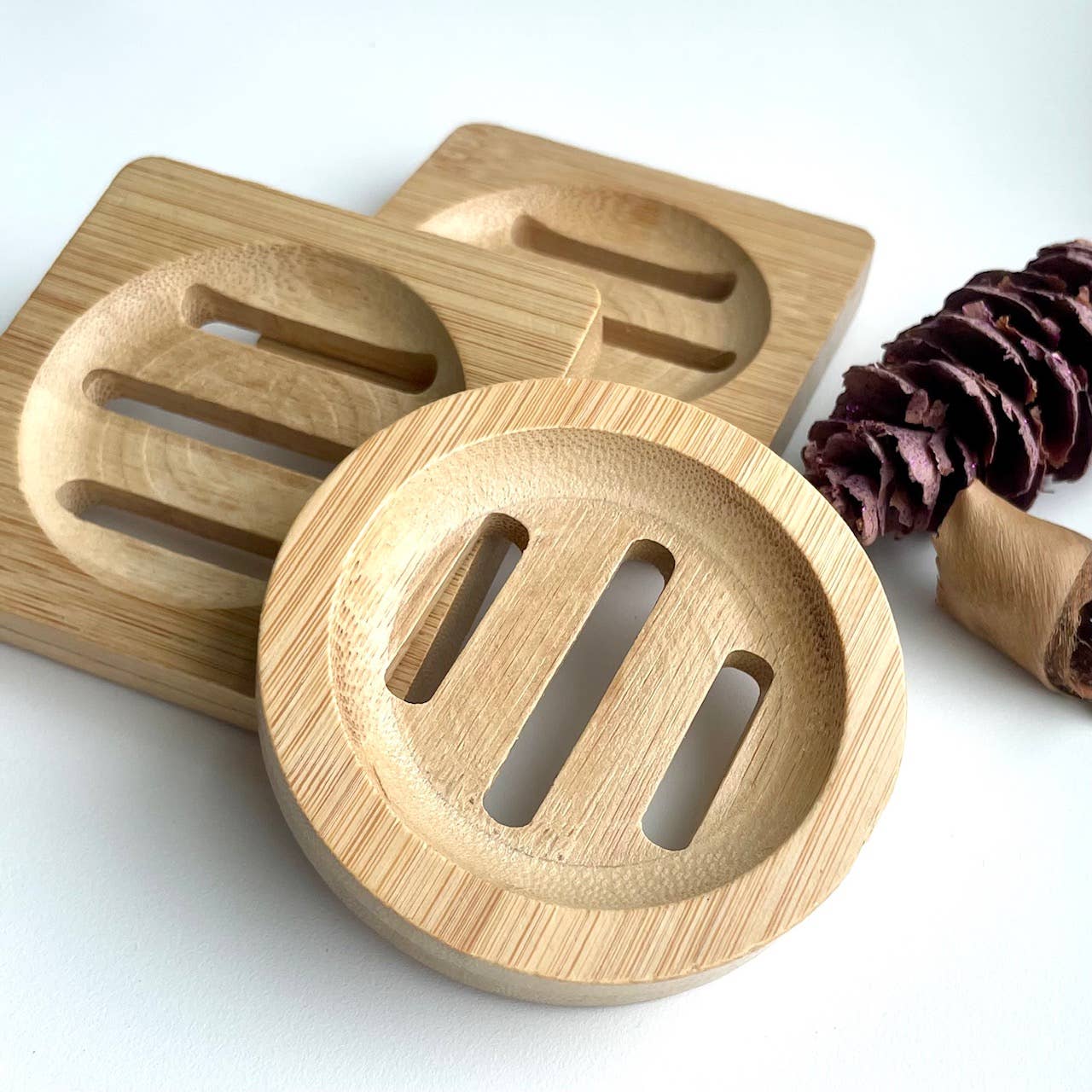 Bamboo Wood Tray for Soap, Shower Steamers Round Square 3"
