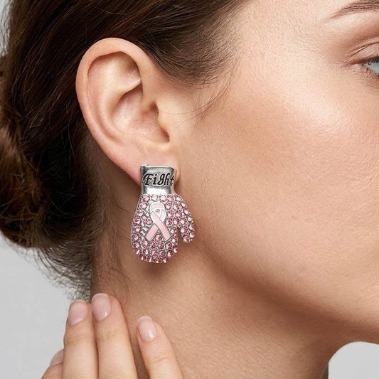 Fight Message Stone Paved Pink Ribbon Boxing Glove Earrings
